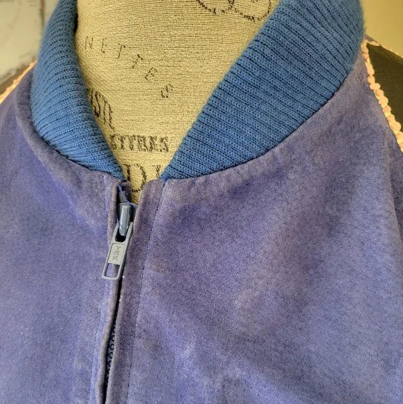 Vintage Royal Blue Suede Black Leather Patchwork Bomber Jacket Fox Run K… - Picture 13 of 16